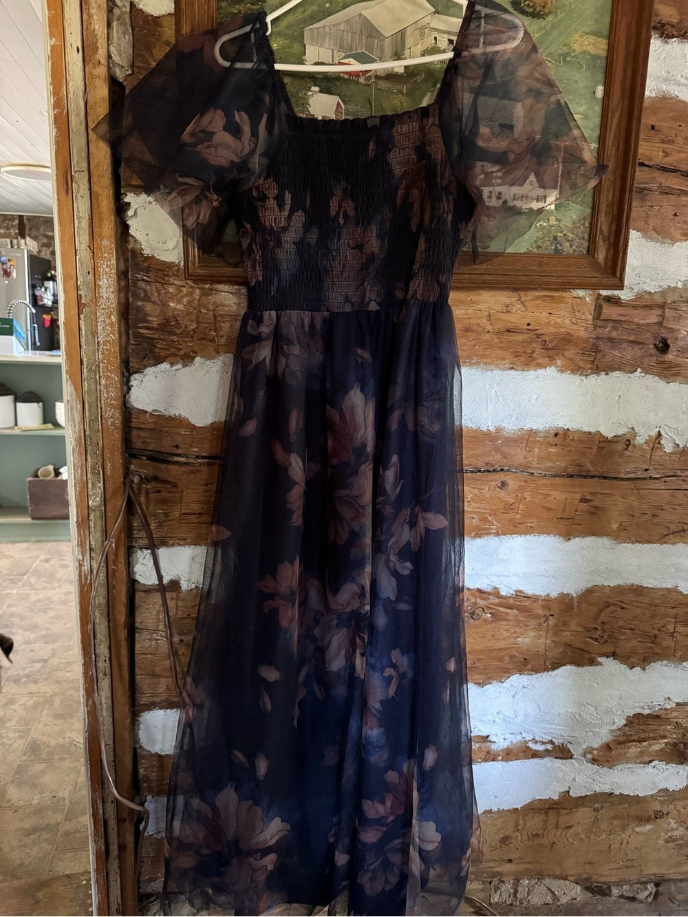 Baltic Born Navy Sheer Floral Maxi Dress with Mauve Blooms